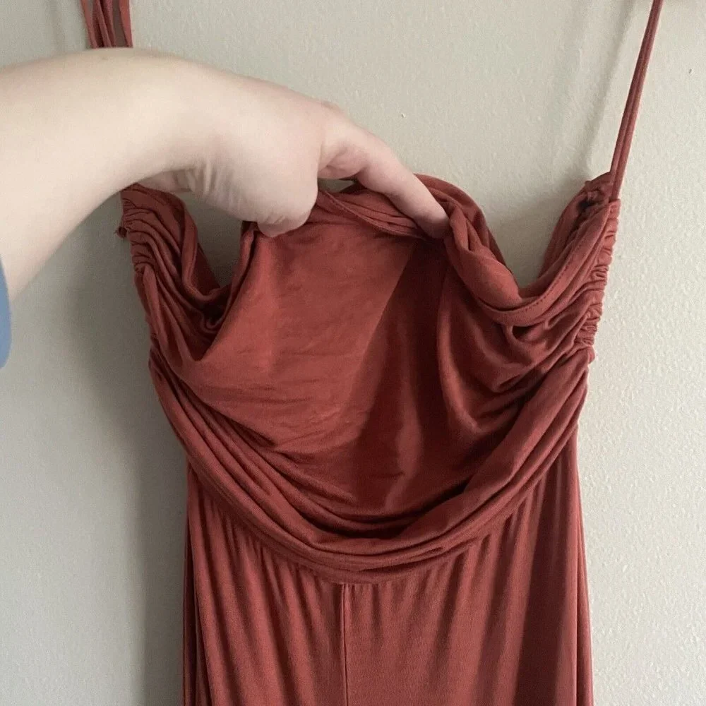 FP Beach SZ XS Terracotta Boho Slinky Tie Straps Cowl Neck All Day Long Jumpsuit